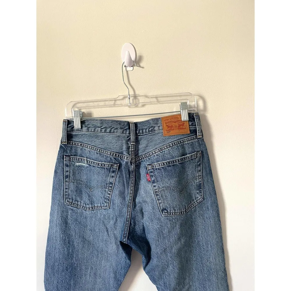 Levi's High Rise Color Block Raw Hem Straight Ankle Denim Jeans Blue Size 27 - Image 6