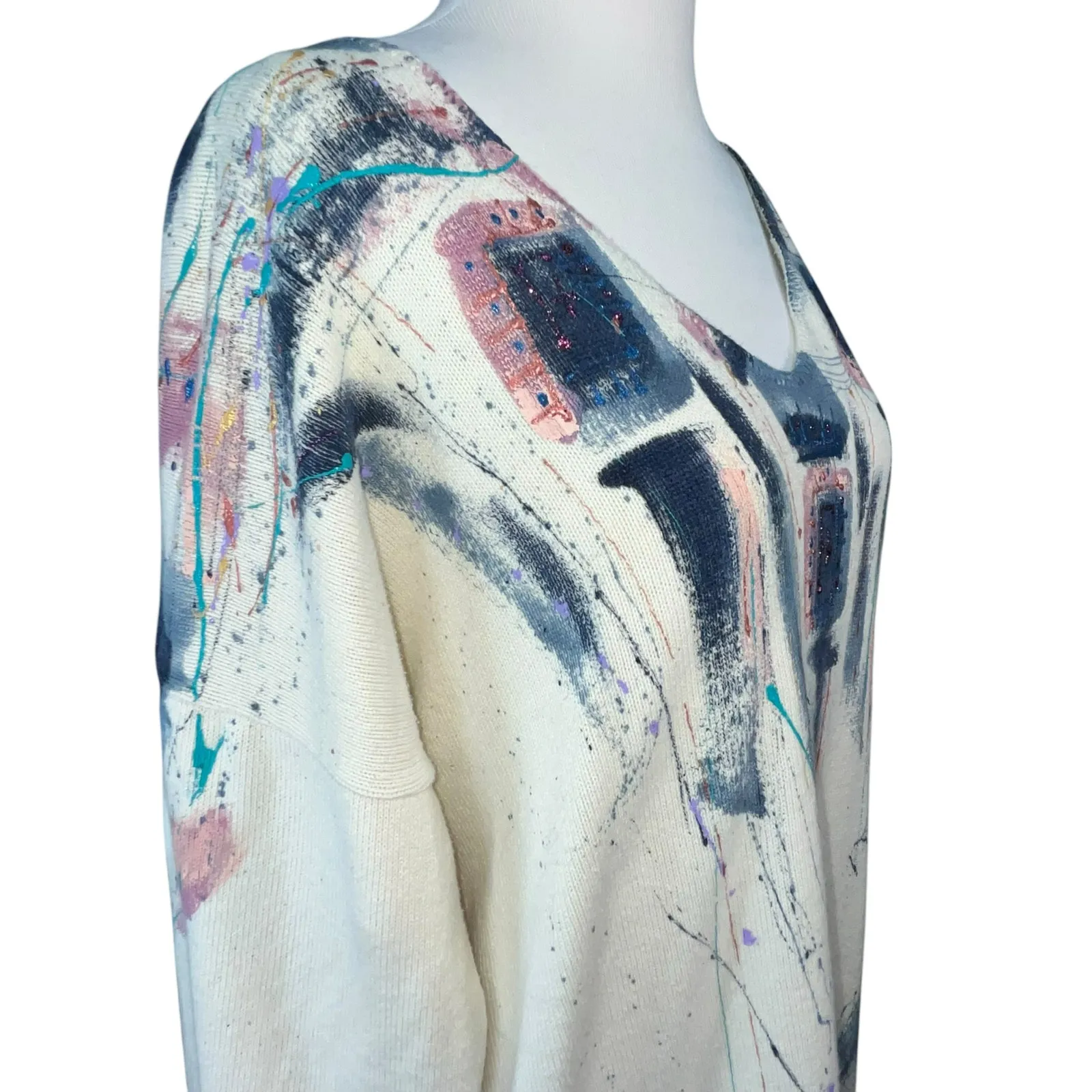Sarah Hand Painted Originals Vintage‎ Off White Wearable Art Sweater L/XL - Image 4