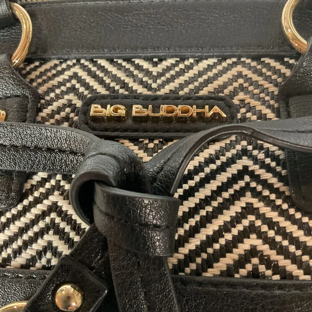 Big Buddha Chevron Pattern Straw Satchel Handbag Black White with Gold Accent - Image 15
