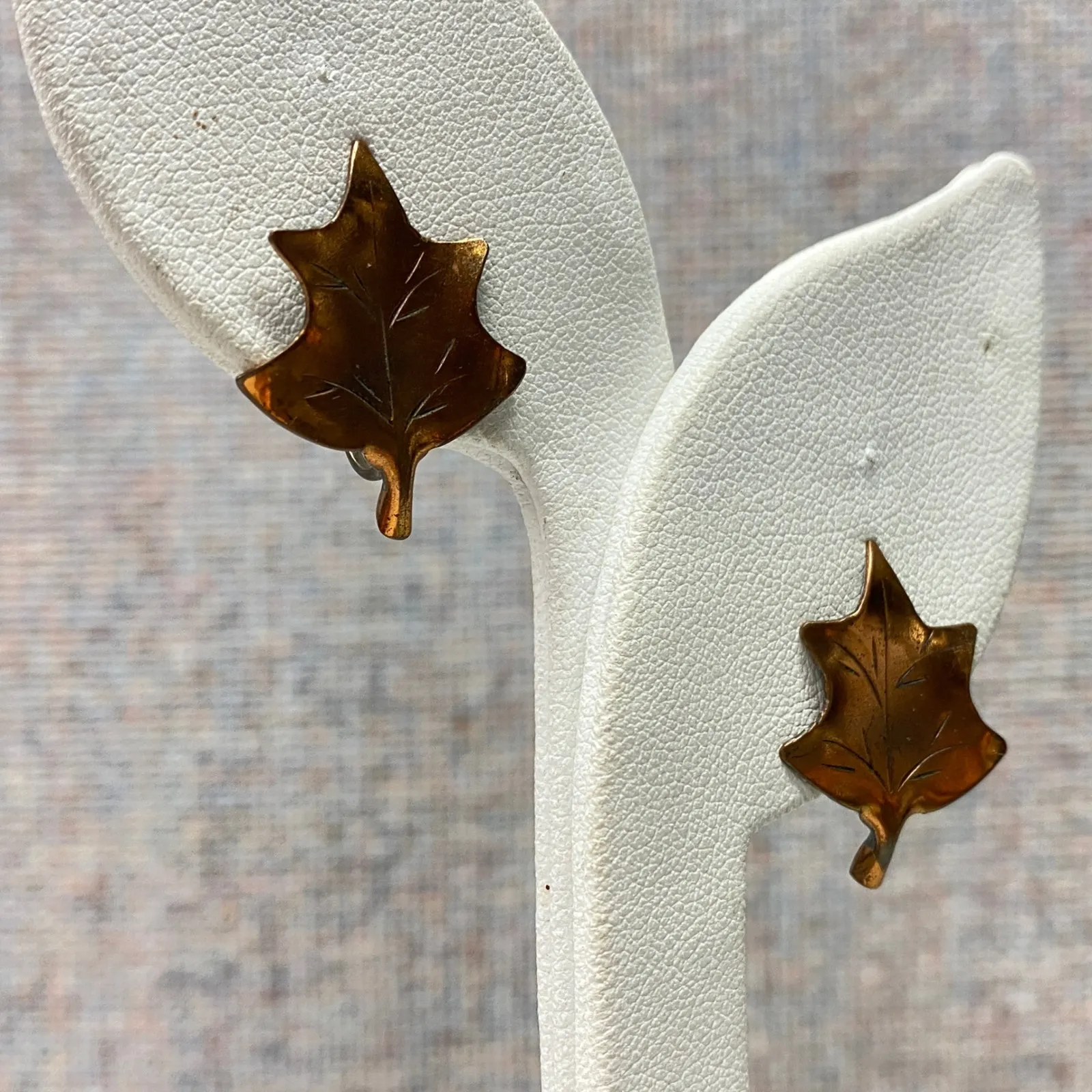 Vintage Copper Leaf Screw Back Earrings Sterling Nature Inspired Autumn Jewelry Brown - Image 2