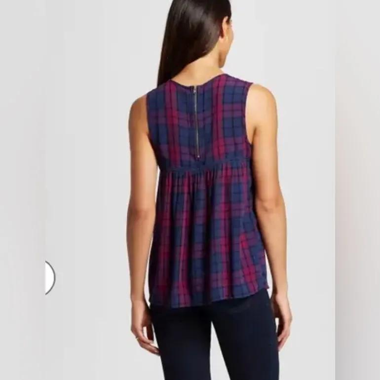 Knox Rose Size Xl Tank Top Plaid High Neck Lace Inlet Boho Layering Blue Pink - Image 3