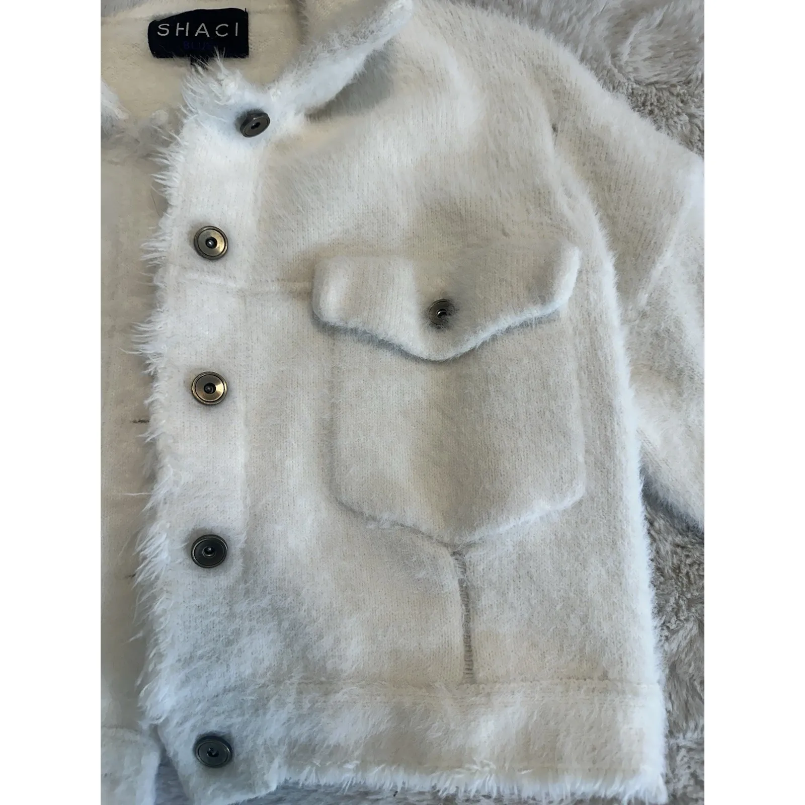 Shaci Blue Womens White Button Up Collared Furry‎ Cropped Jacket Small - Image 7