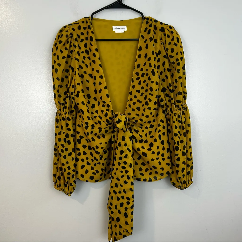 Lovers + Friends Henry Yellow Mini Mara Dot Pirint Tie Front Peplum Top Small - Image 2