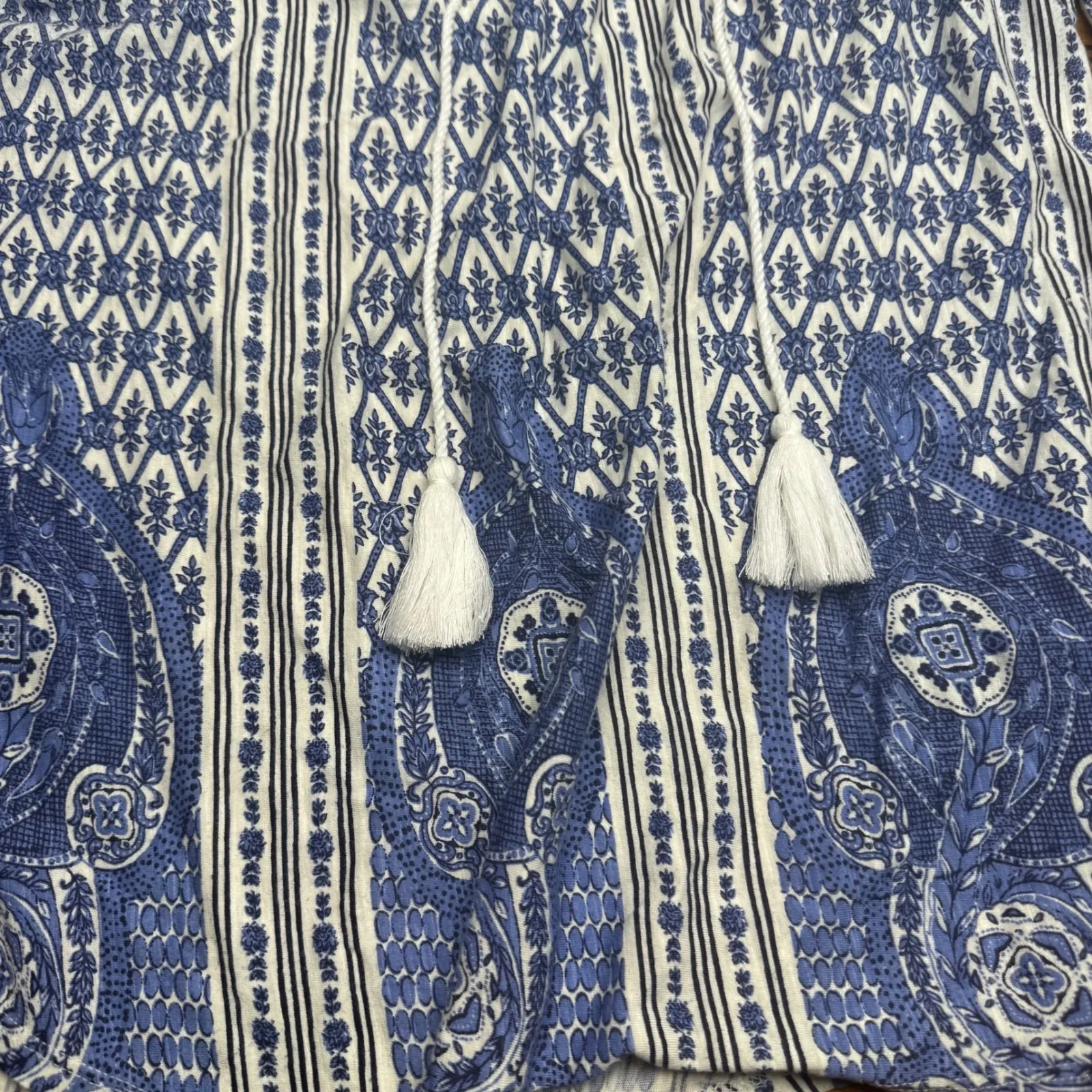 Vintage America Blues Blue White Bohemian Tassel Print Long Sleeve Top Women's M Size M - Image 2