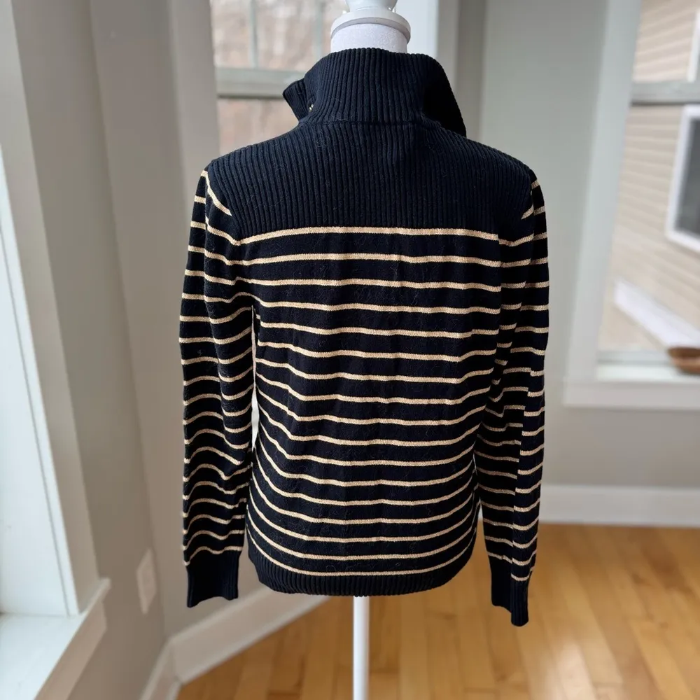 Lauren Ralph Lauren Black Gold Striped Mockneck Cotton Sweater Metallic Medium - Image 3