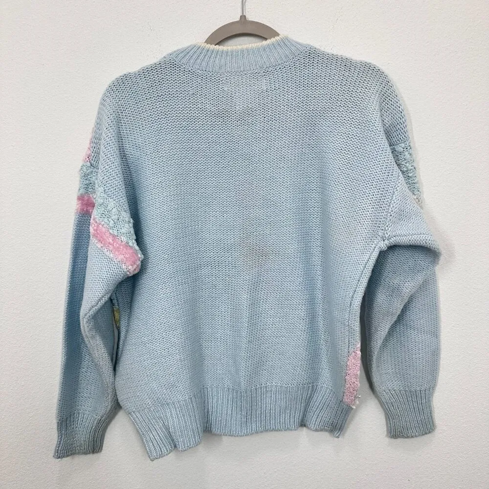 Vintage Pastel Blue Grannycore Coquette Mixed‎ Media Rose Pearl Mockneck Sweater Size M - Image 5