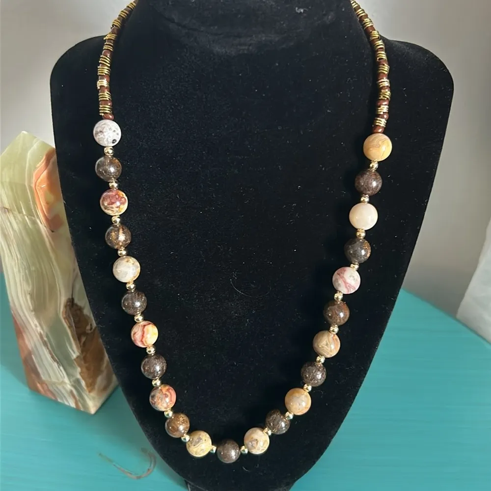 New Artisan Handcrafted Agate and Bronzite Gemstone Bead Necklace Earrings Set Gold - Image 4