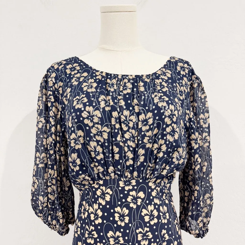 RIXO Cheryl Silk Floral Luxury Midi Dress Blue Prairie Cottage Boho‎ Size Small - Image 3