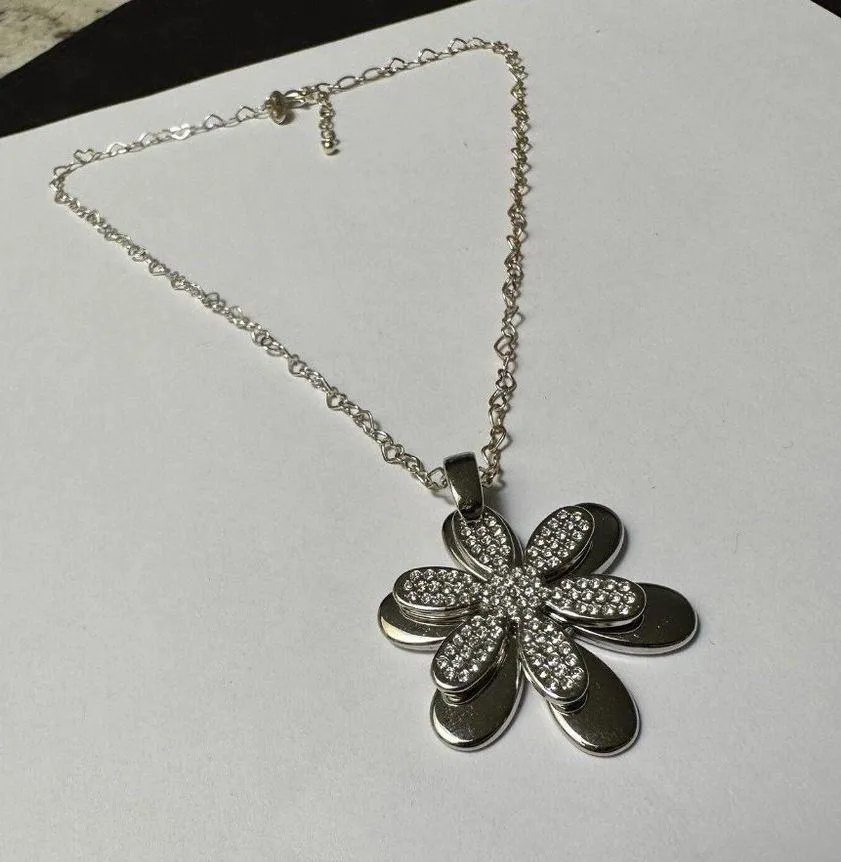 Women’s Signed Origami Owl Silver Tone Rhinestone Flower Necklace - Image 2