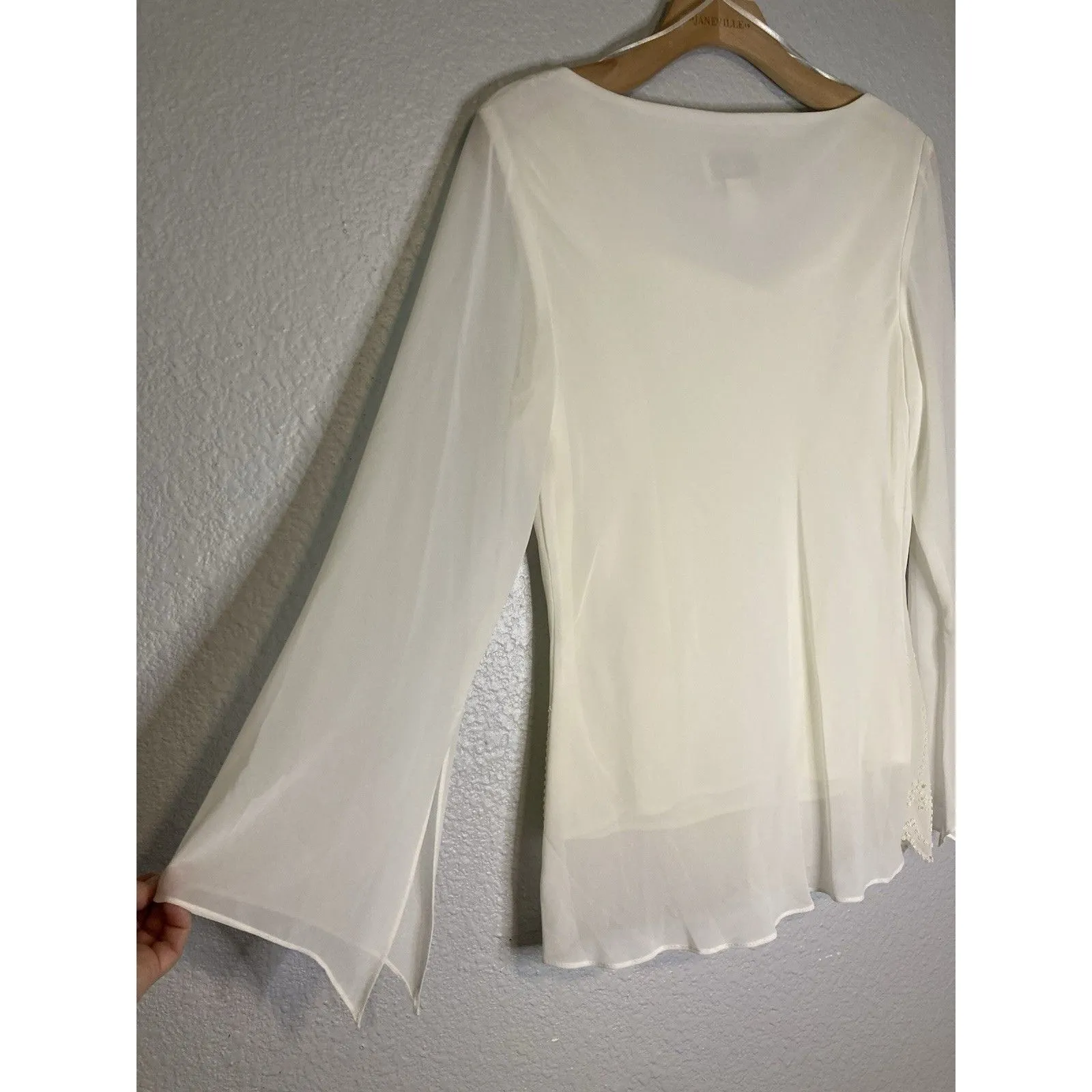 VTG Top Blouse Womens M Beaded Scallop Ivory White Sheer Elegance Coquette Lux Size M - Image 8