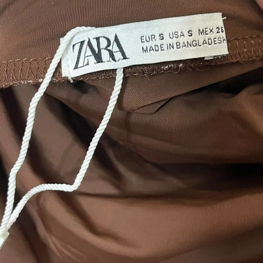 ZARA Strapless Ruched Bodycon Midi Dress Brown Jersey Women’s Size Small - Image 10