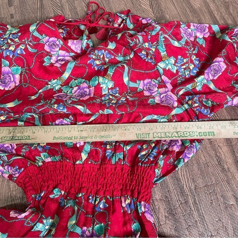 Vintage 80s Designer Diane Freis 100% Silk Beaded Plunge‎ Floral Midi Dress S M Red - Image 10