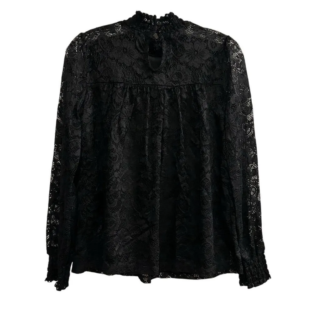 Anthropologie Cable & Gauge Women's M Black Lace High Neck Long Sleeve Blouse - Image 3