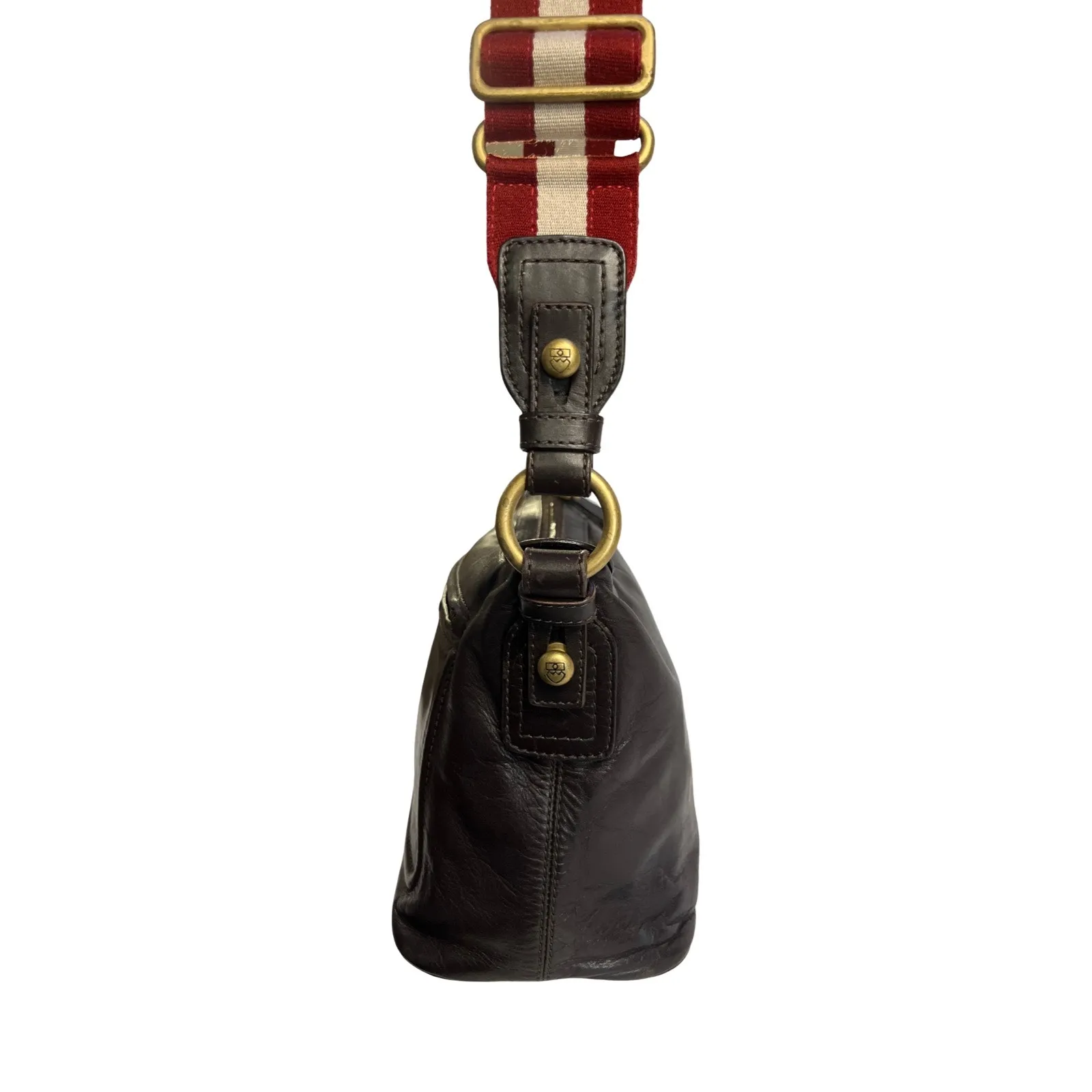 Bally Leather Crossbody Bag Brown Red Cream Stripe Adjustable Strap - Image 8