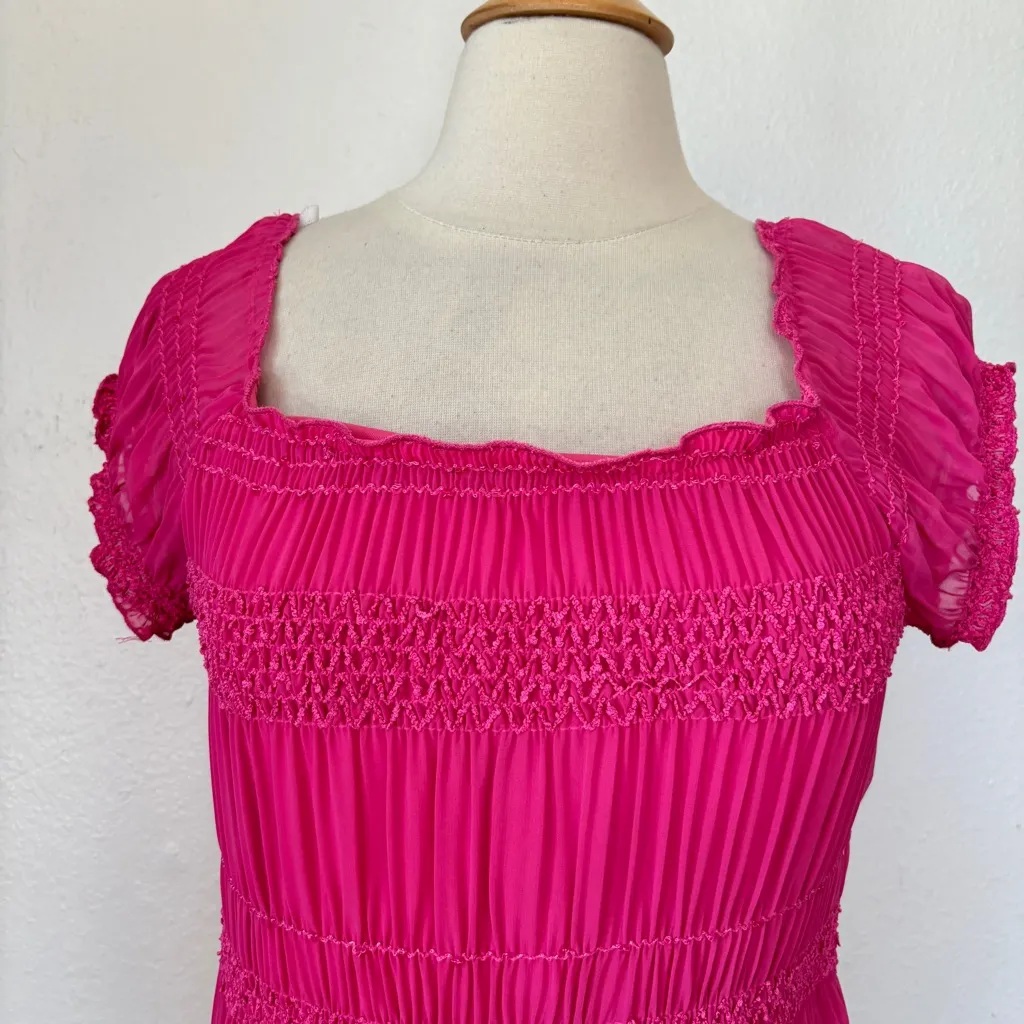 Vintage 90s Hot Pink Smocked Short Sleeve Off the Shoulder Short Sleeve Blouse Size XL - Image 3