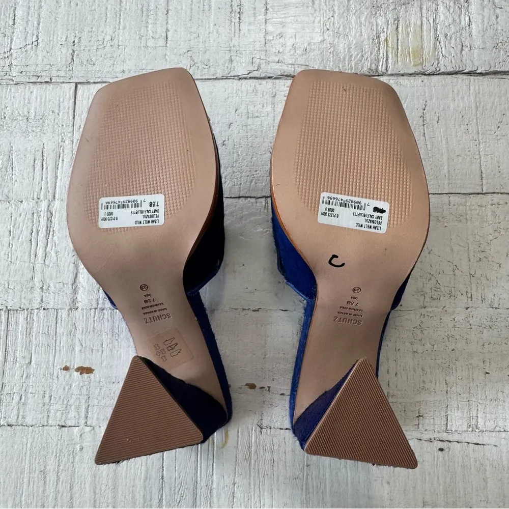 SCHUTZ Lizah Welt Wild NWOT size 7.5 Blue Calf Hair Leather Sandal Triangle Heel - Image 9