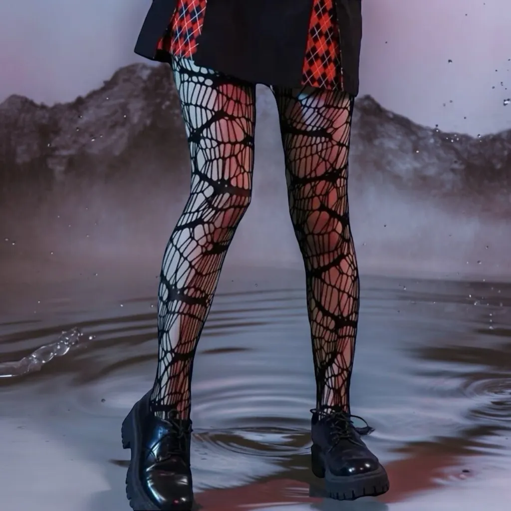 Black Bat Patterned Fishnet Tights, High Waist Footed Pantyhose One‎ Size - Image 7