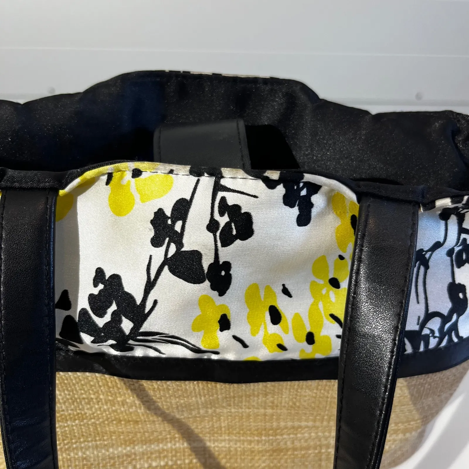 Floral Straw Tote Bag Yellow Black & White Purse Handbag Hobo Indie - Image 4