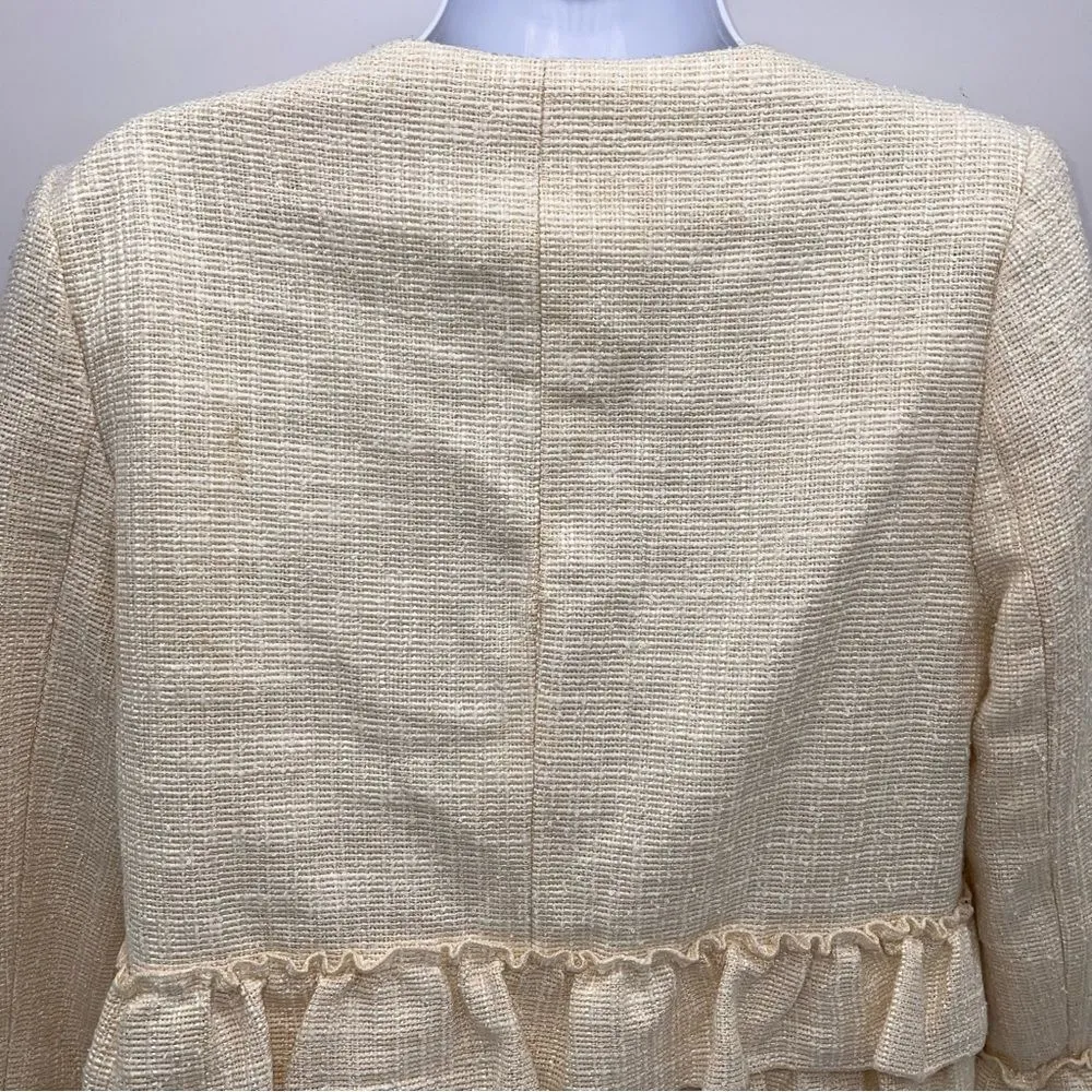 Nanette Lepore Loose Weave Cream Blazer w/Metallic Gold Threads Ruffle Accents 6 - Image 7