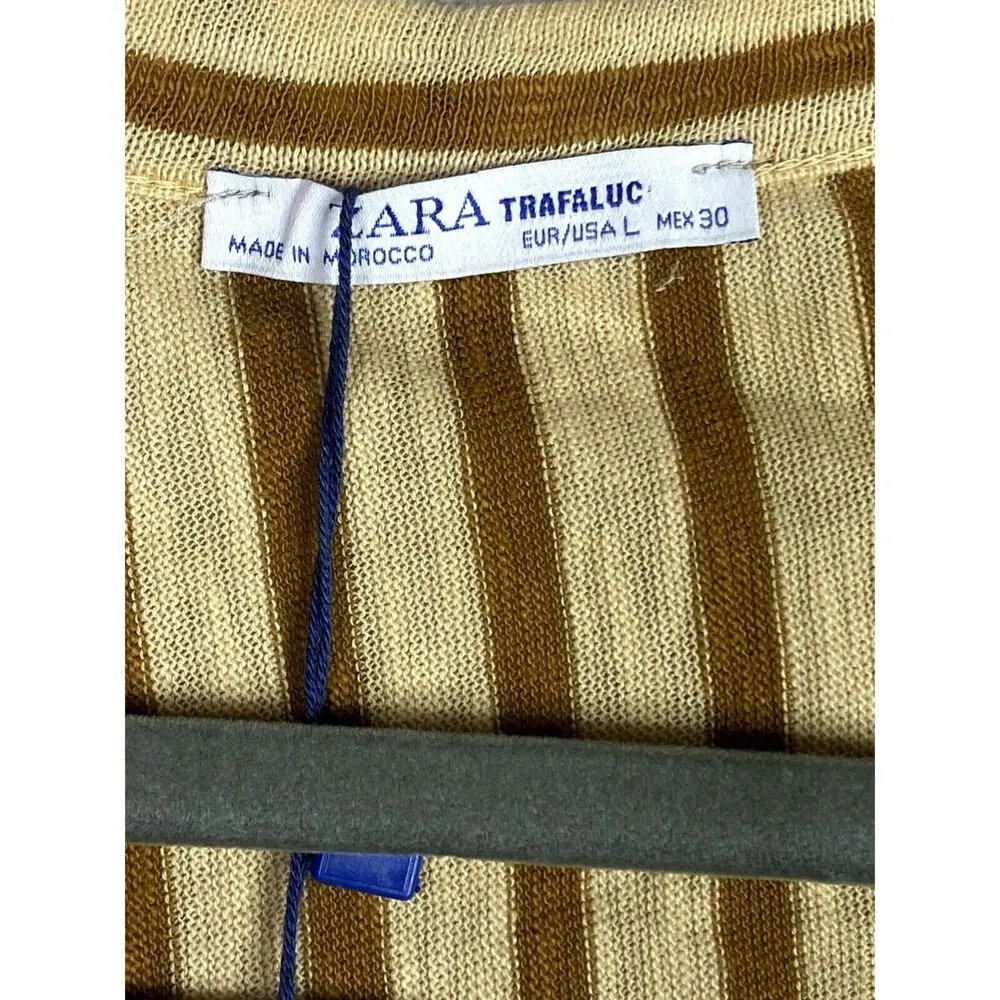 NWT Zara TRF Cotton Belted V Neck Striped Wrap Shirt Short Sleeves L Beige #3043 - Image 6