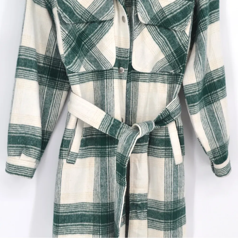 Blank NYC Plaid Long Belted Shirt Jacket Shacket Green White Women's XS - Image 3