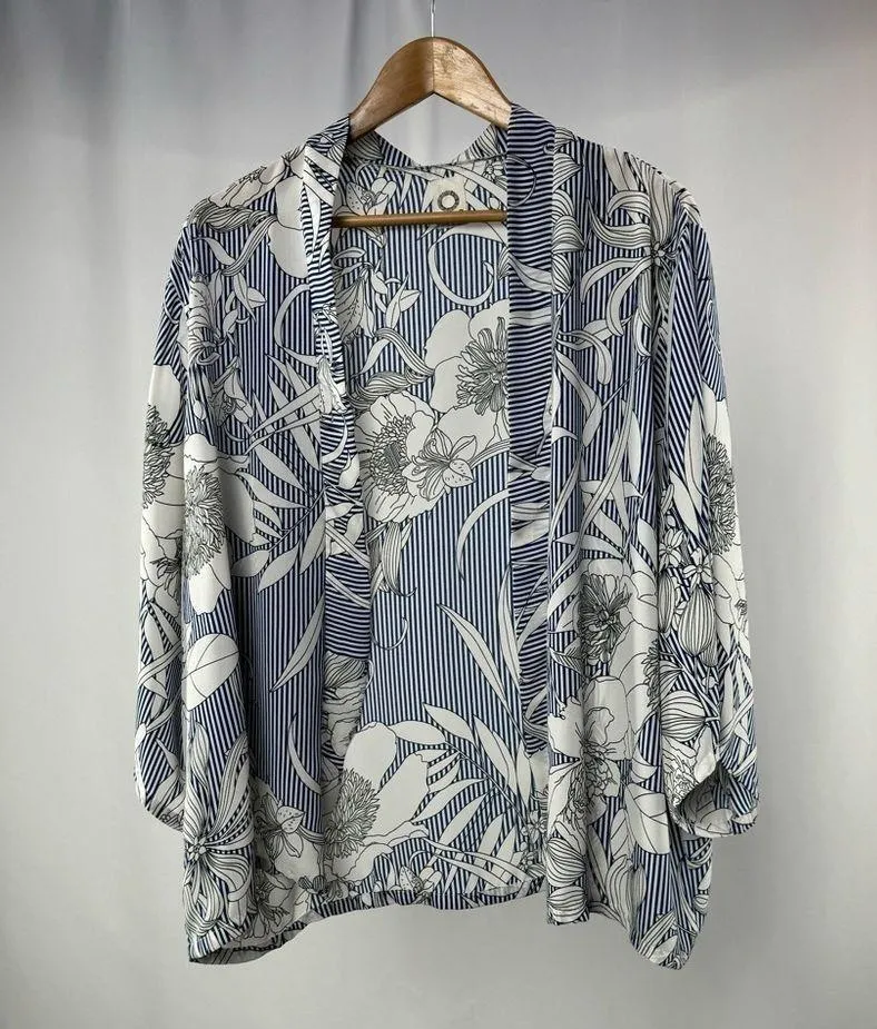 Akemi + Kin Anthropologie Savanah Floral and Stripe Open Kimono in Blue White OS - Image 5