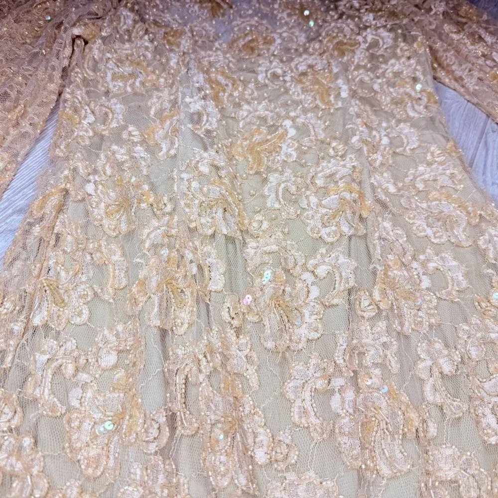 Vintage beaded sequin formal wedding dress tan cream high neck dress Size M - Image 8