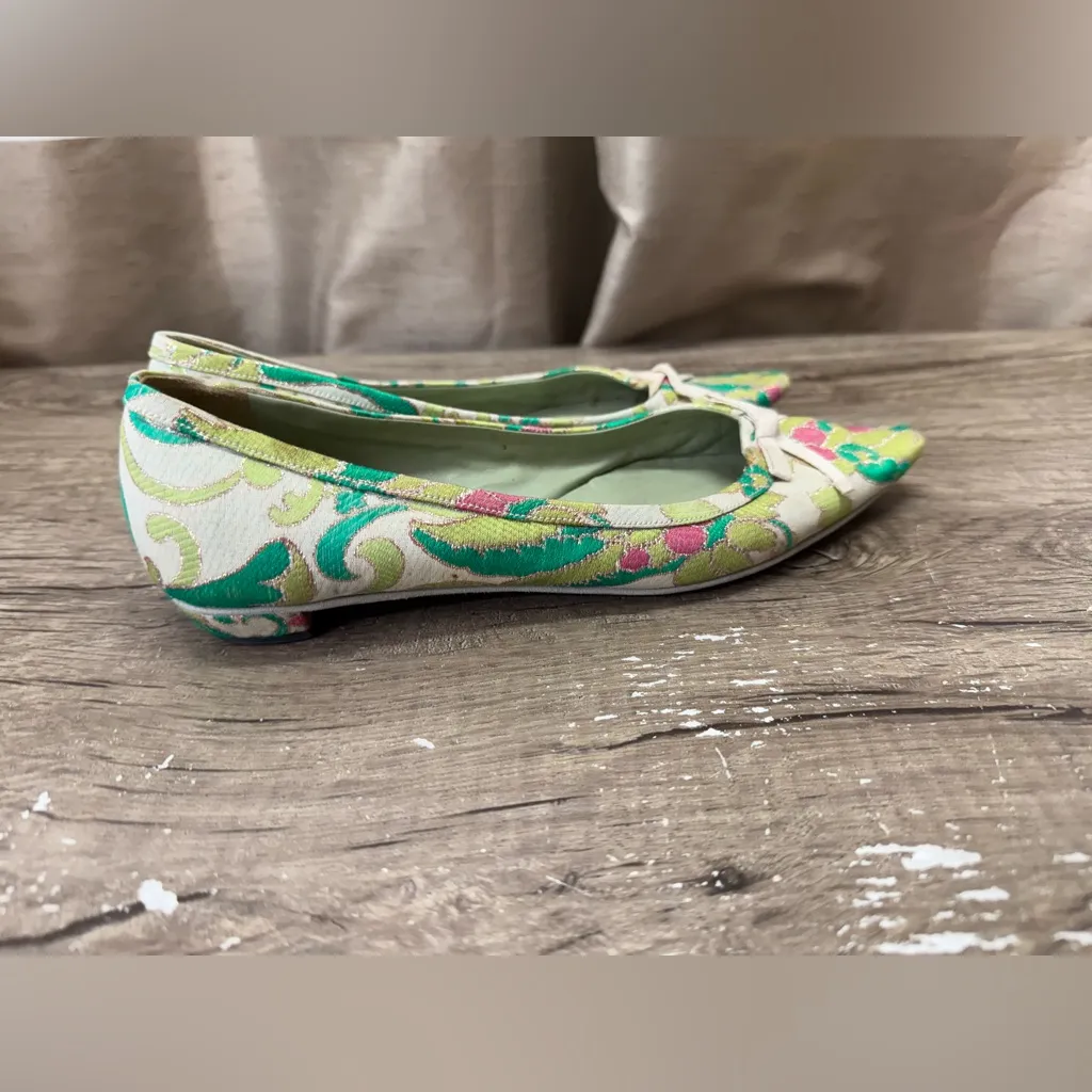 Vtg Prada SS2003 Green Brocade Flat Shoes 37.5‎ - Image 4
