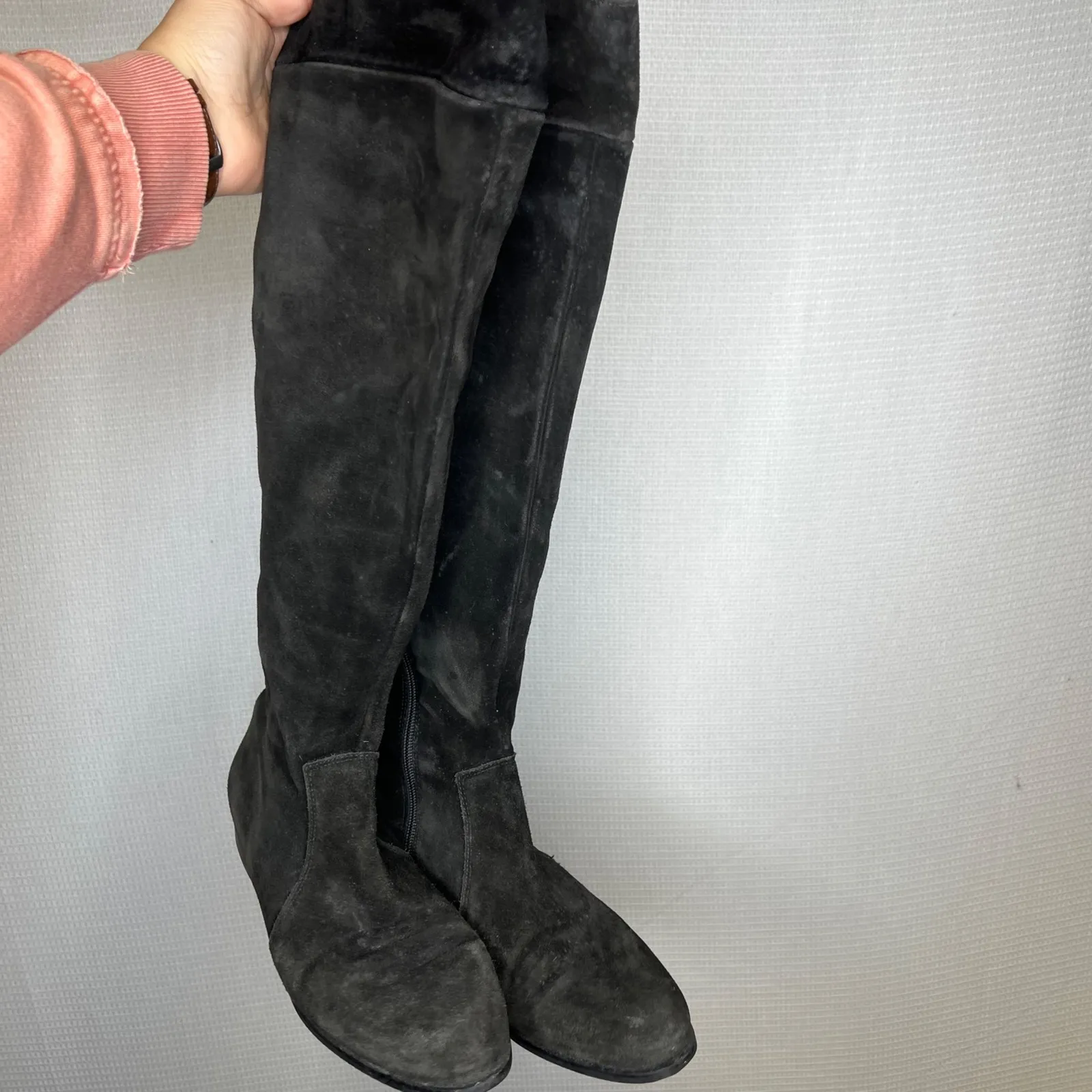 La Canadienne Black Suede Knee High Boots Slouchy Foldover Flat Size 9 Zip Up - Image 2