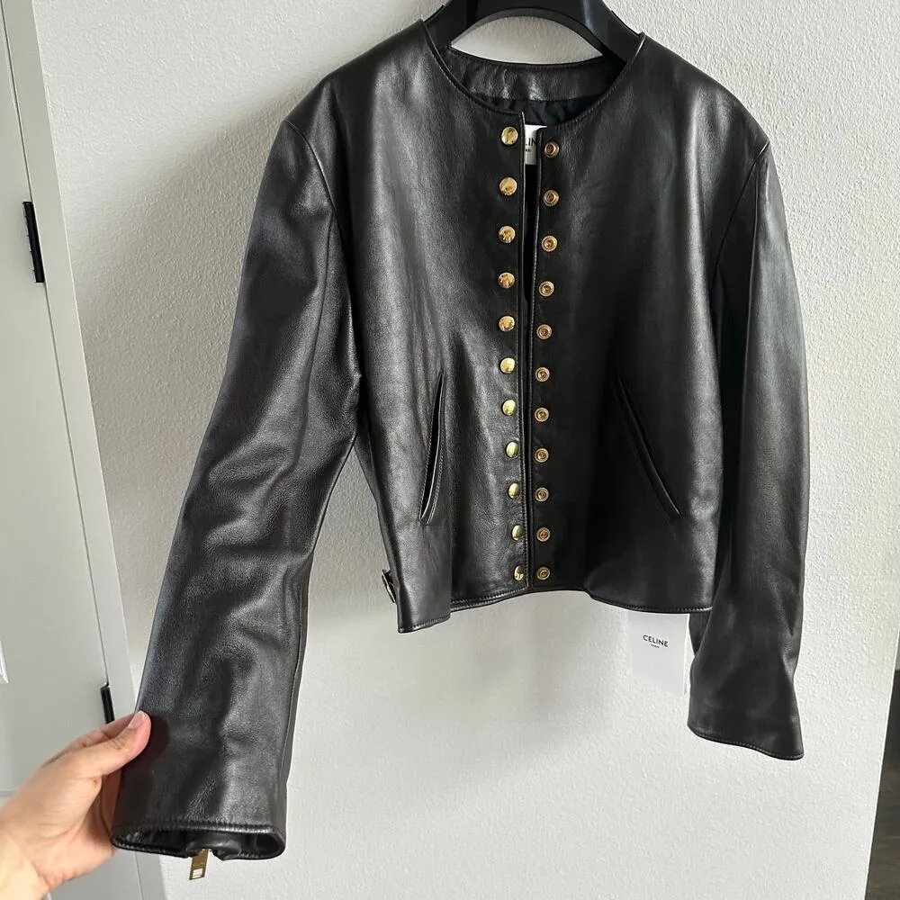 Celine Pure Collar Jacket with Snap Buttons in Soft Lambskin  Size 34 New - Image 7