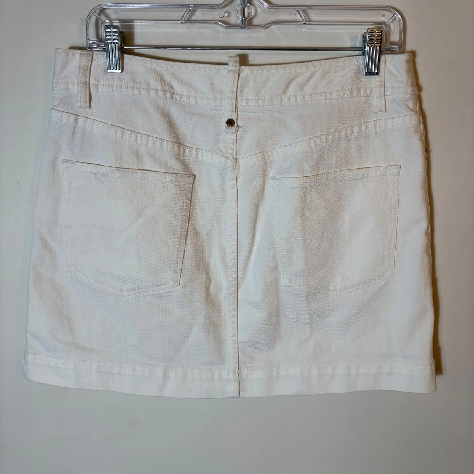 Vintage J. Crew White Denim Mini Skirt Womens Size 31 Brass Button Front Pockets - Image 3