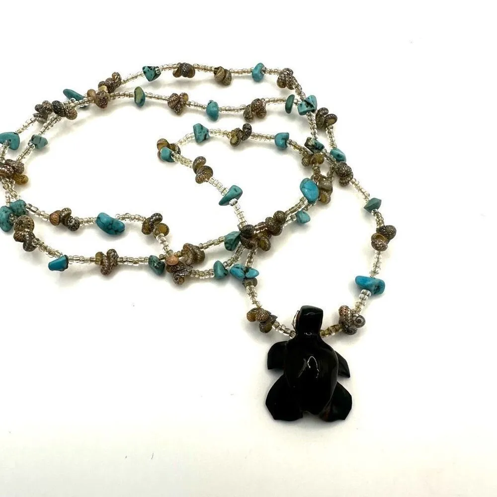 Turquoise and shell wood turtle long pendant necklace - Image 4