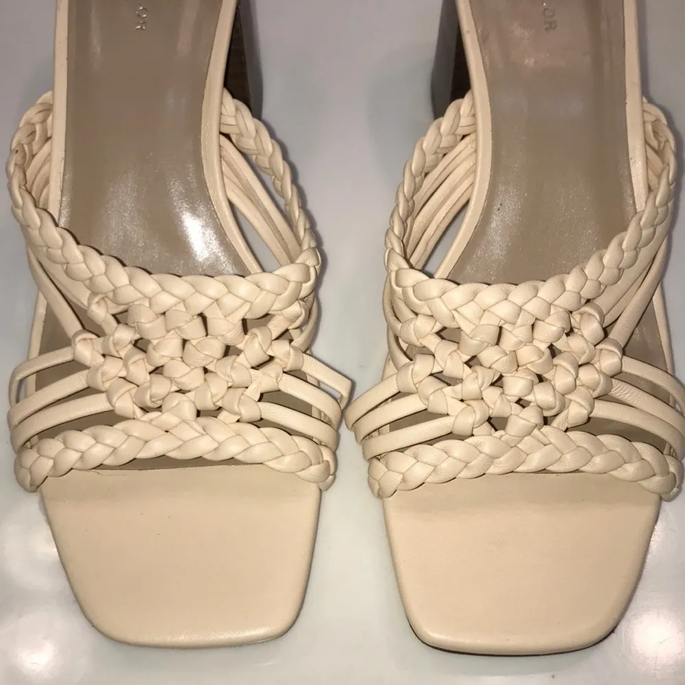 Ann Taylor Women’s Leather Cream Woven Braided Square Toe Chunky Block Heels - Image 3