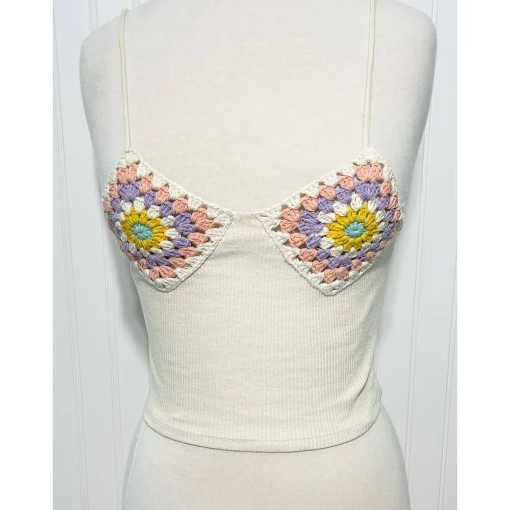 Zara Crochet Granny Square Ribbed Crop Tank Top Cream‎ Purple Size Medium Large - Image 2
