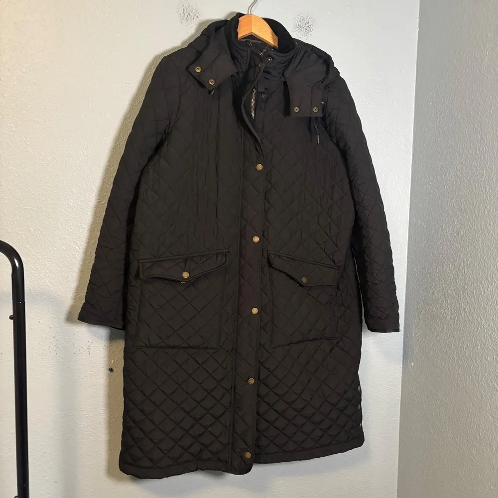 Joules Chatsworth Black Showerproof Long Diamond Quilted Coat Hooded Size 14 - Image 3