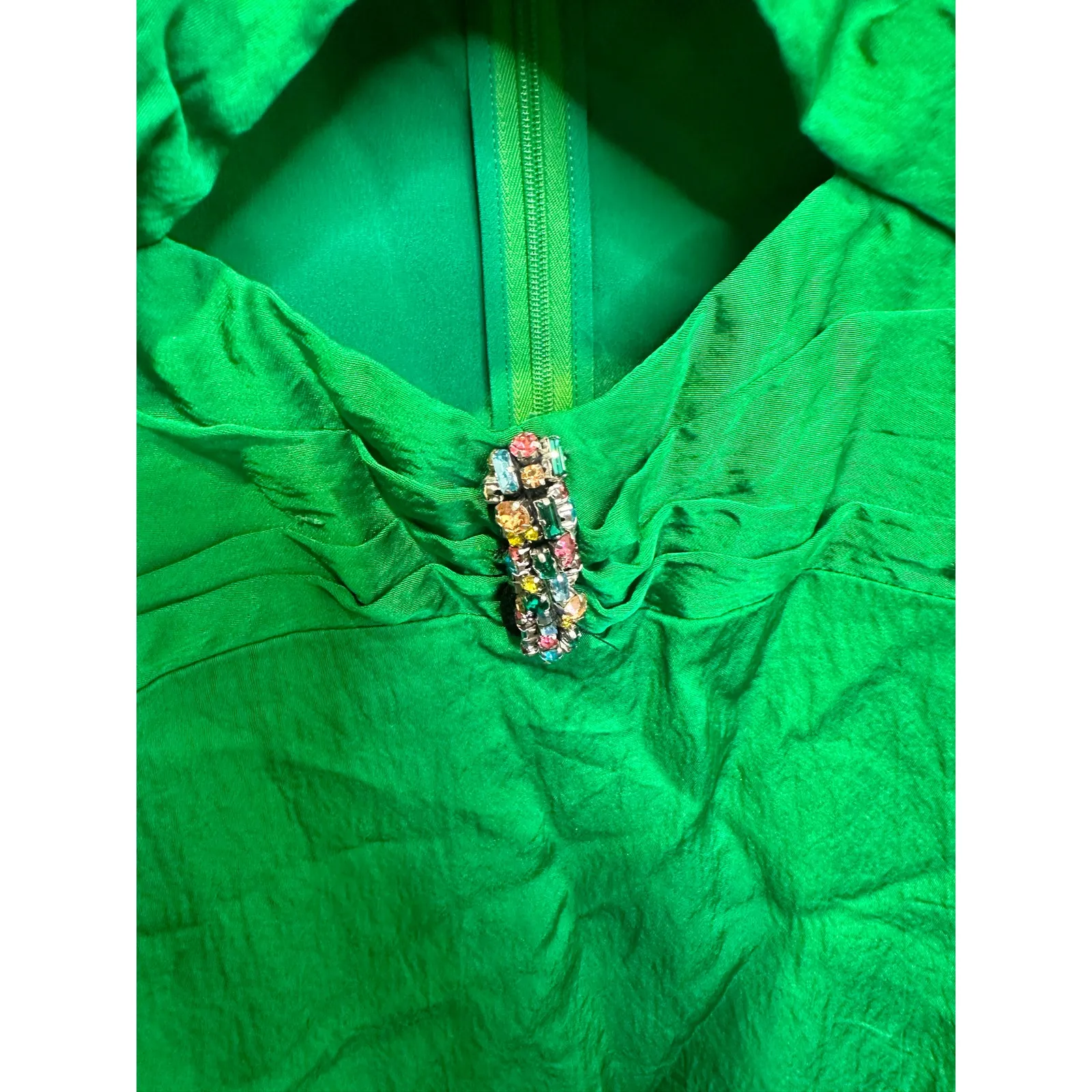 SANDRO Green Jewel Embellished Rhinestone Middle Cutout Puff Sleeve Dress sz 40 - Image 10