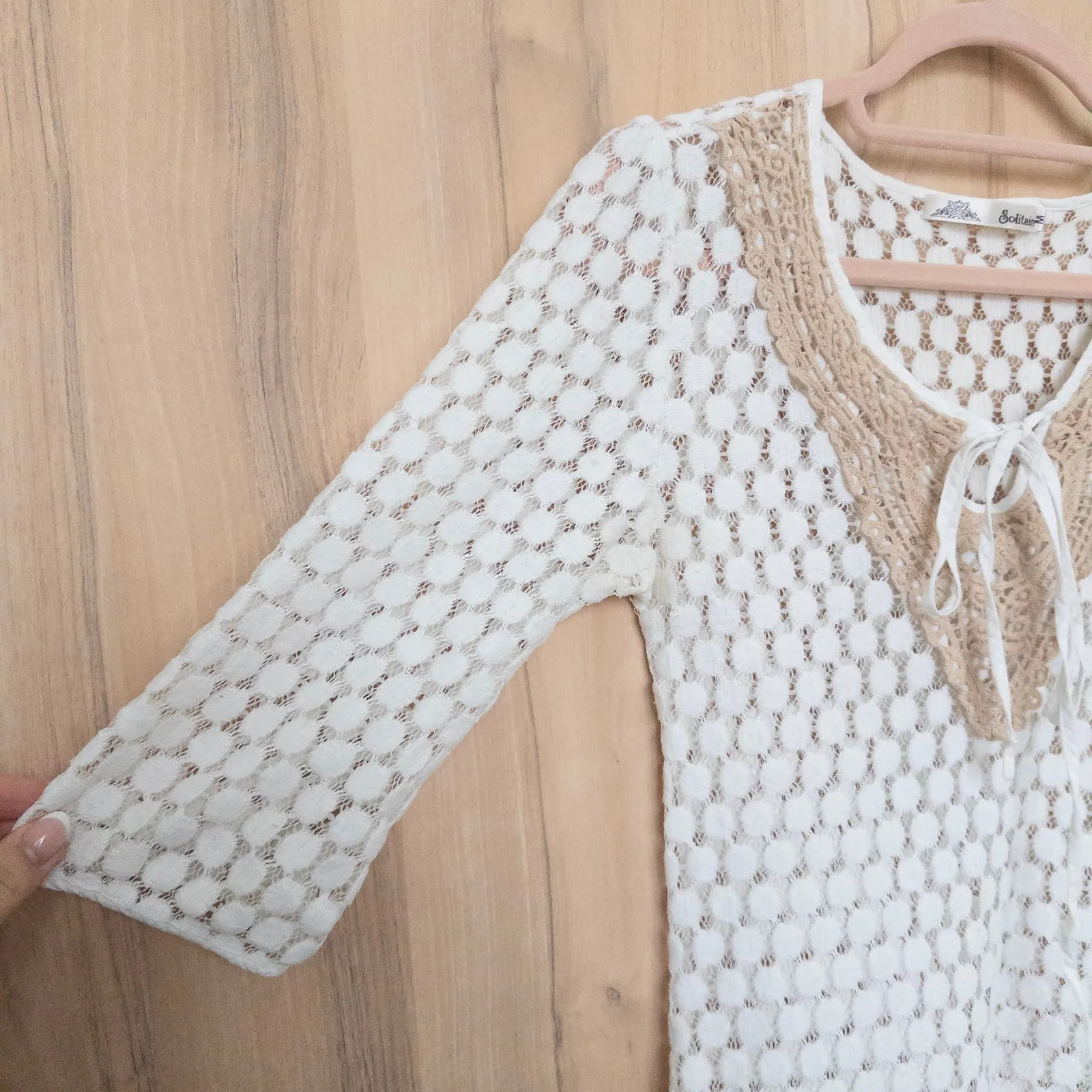 Solitaire Womens Lace Crochet Top Size M Ivory Sheer Boho Cottage Beach Festival - Image 4