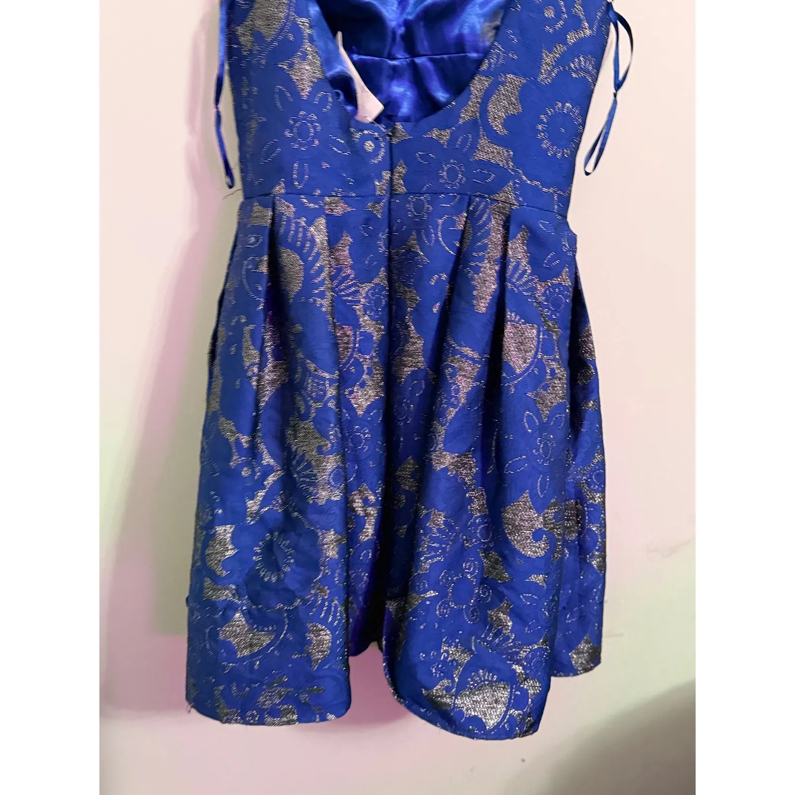 Allure Bridals Bridesmaids Navy Blue Brocade Fit Flare Pleated Dress Size 14 - Image 5