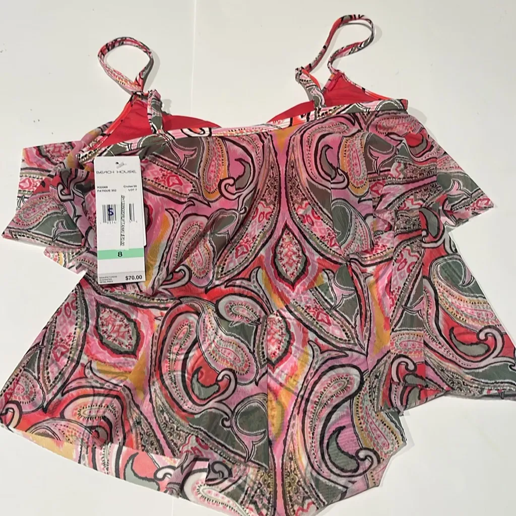 🇺🇸Beach house Paisley NWT swim tankini ruffle layered tiered bathing suit top 8 Pink - Image 3