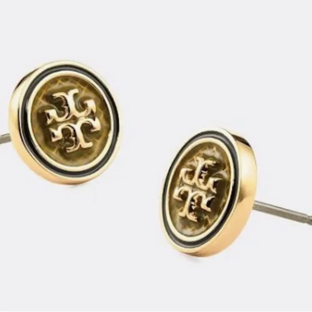 New Tory Burch Auth. KIRA GUILLOCHÉ CIRCLE-STUD EARRING; Gold/Black - Image 3