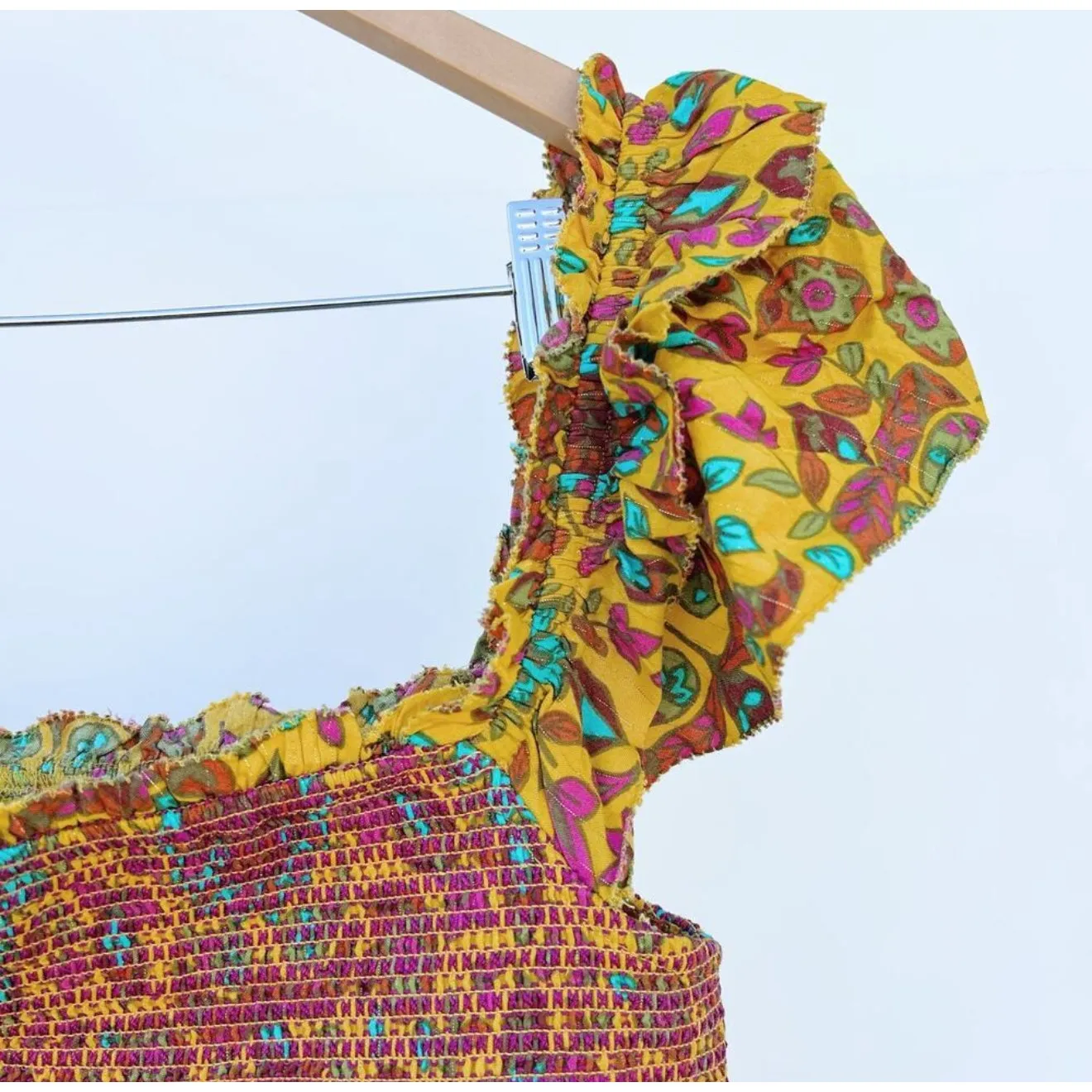 House Of Harlow 1960 Set Maxi Skirt‎ Smocked Tiered Ruffles Yellow Tropical Size M - Image 5