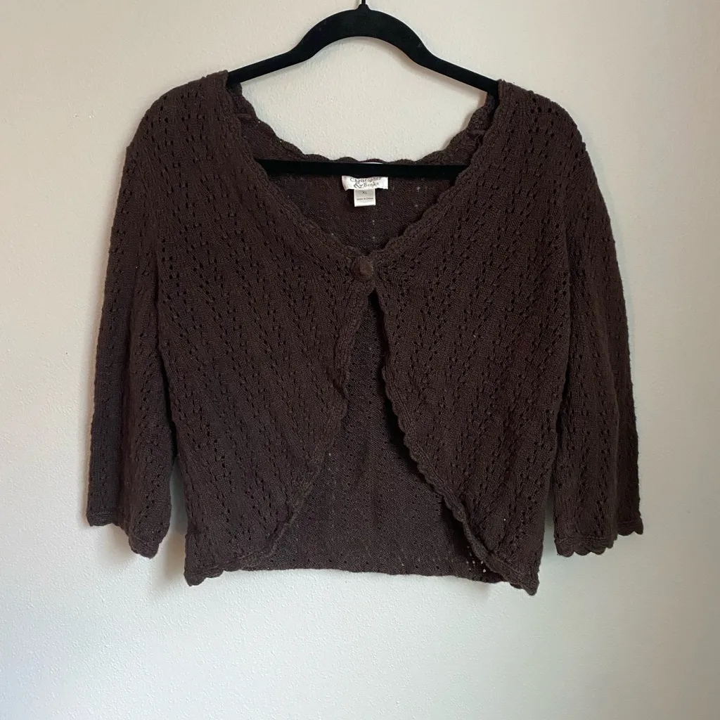 Vintage Crochet Knit Cropped Dark Brown Cardigan XL Fairy Y2K Cottage Whimsygoth - Image 3