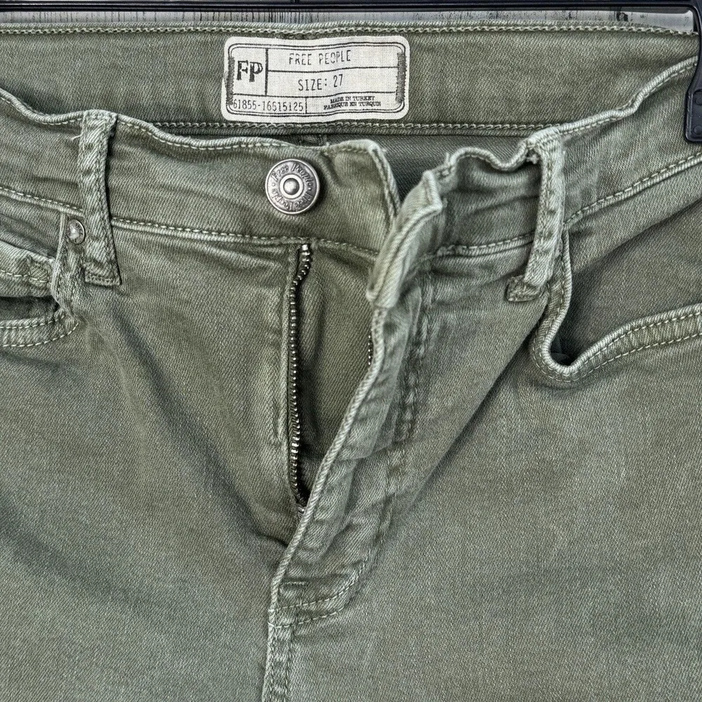 Free People SZ 27 Skinny Jeans Hi-Rise Distressed/Rips Stretch Zip Olive Green - Image 7