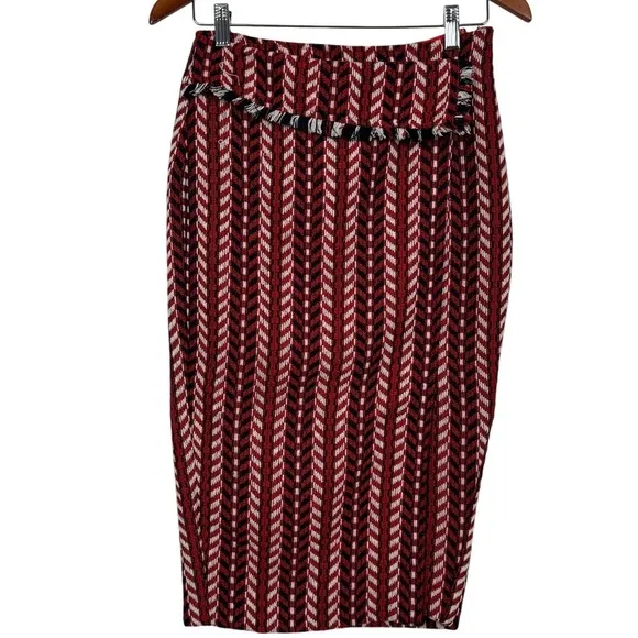 Eva Franco Red Blue White Geometric Print Wool Poly Blend Pencil Skirt With Slit Size 2 - Image 2
