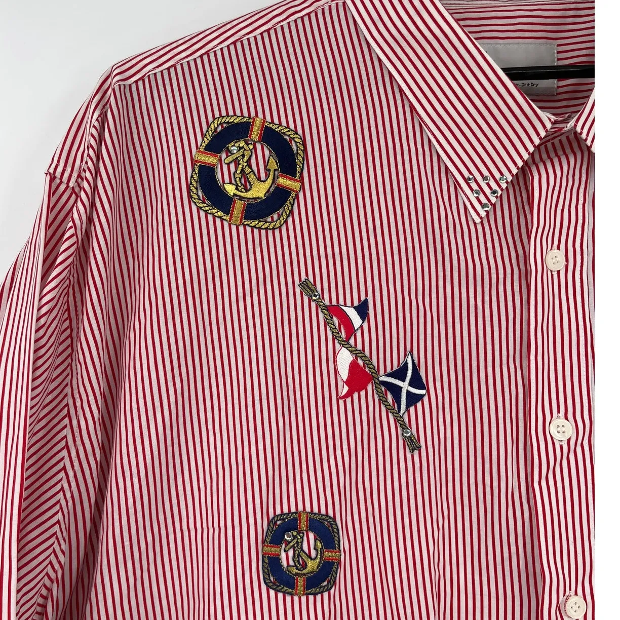 Mili Designs Nautical Button Up Womens Top Sz 3X Preppy Stripe Resort Sequin Red - Image 4