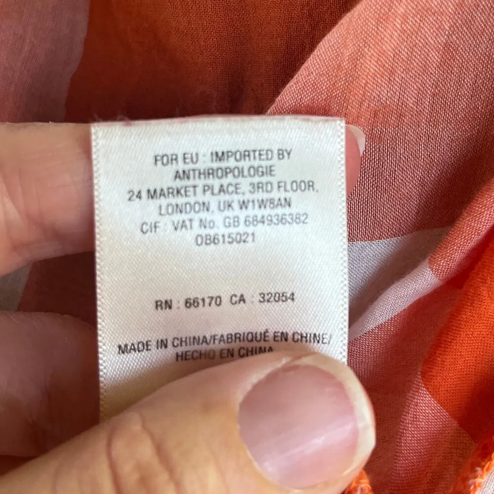 Anthropologie Maeve Orange And White Gingham Flare Sleeve Blouse Size XS - Image 12