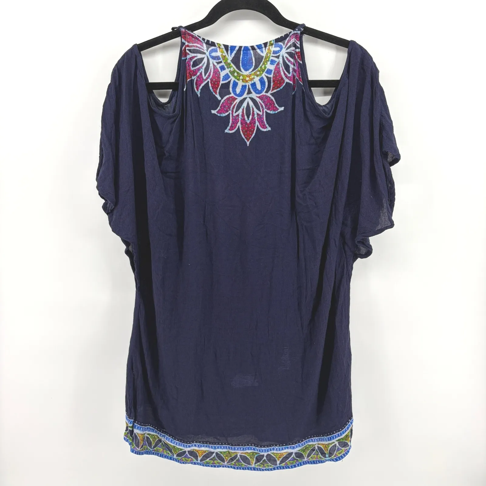 Trina Turk Lotus Batik Navy Blue Cold Shoulder Swim Cover Up Large- Flawed - Image 4