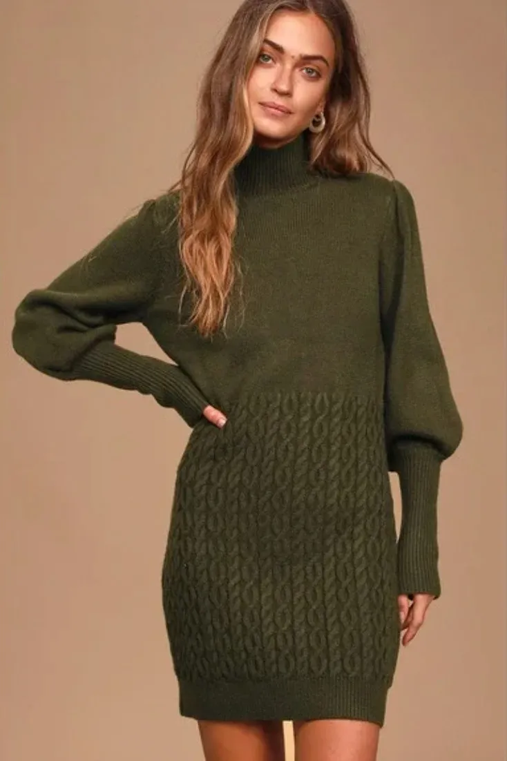 Lulu's Fresh Perspective Olive Green Cable Knit Sweater Dress Small Holiday Xmas - Image 1