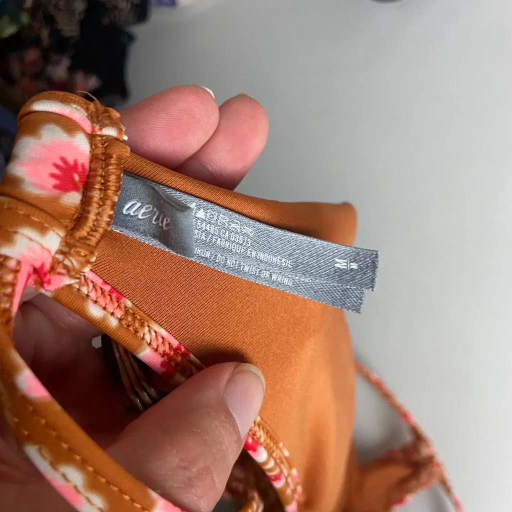Aerie Size Medium Bikini Top High Neck Ditzy Floral Burnt Orange Pink Tie Swim - Image 2