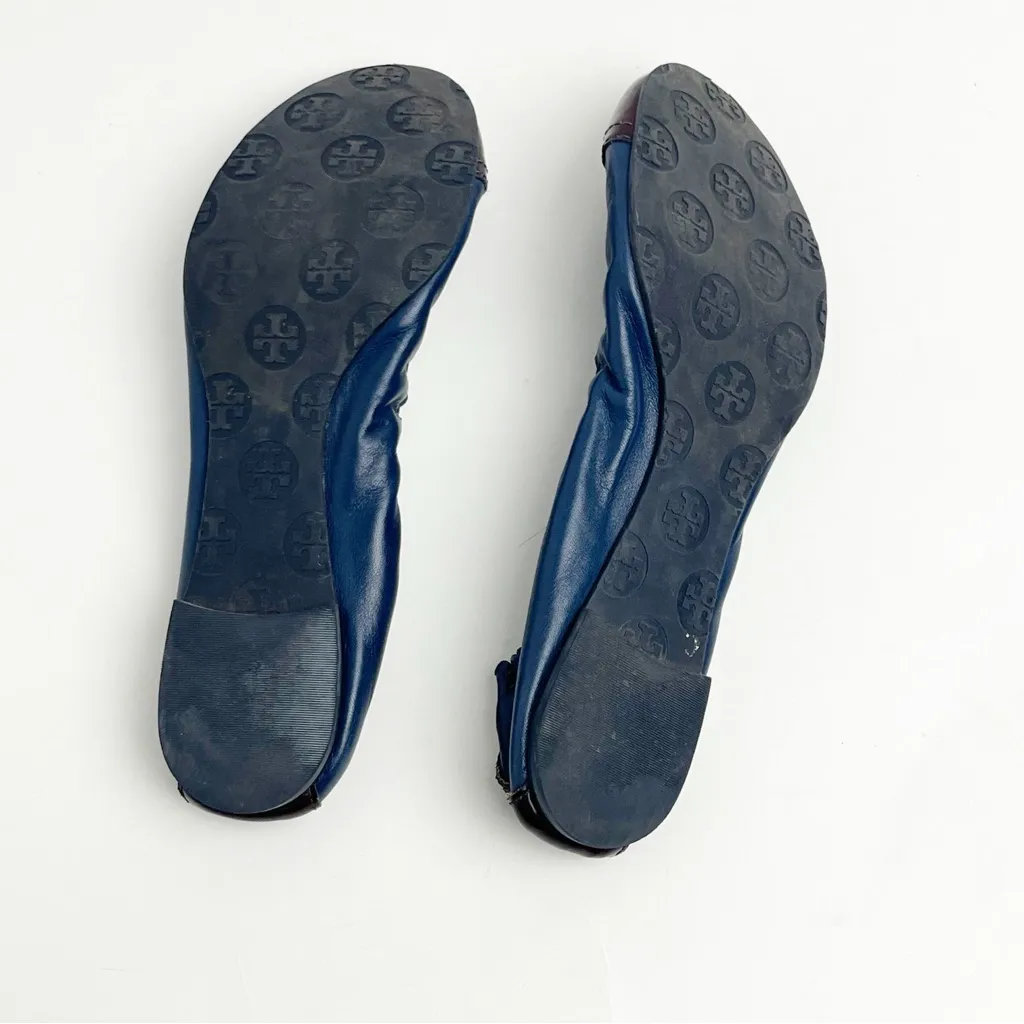 TORY BURCH Abbey Navy Blue Leather Burgundy Cap Toe Ballet Flats, Size 8.5 - Image 5